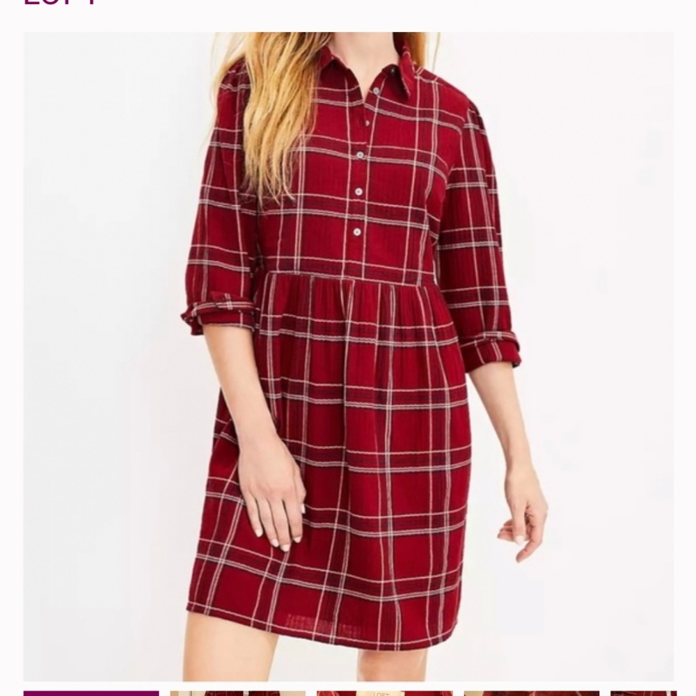 Loft Petite medium m Plaid Swing Shirtdress red
